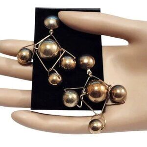 2 1/2" Metal Bead Hoop Pierced Post Earrings Vintage Aged Gold Tone